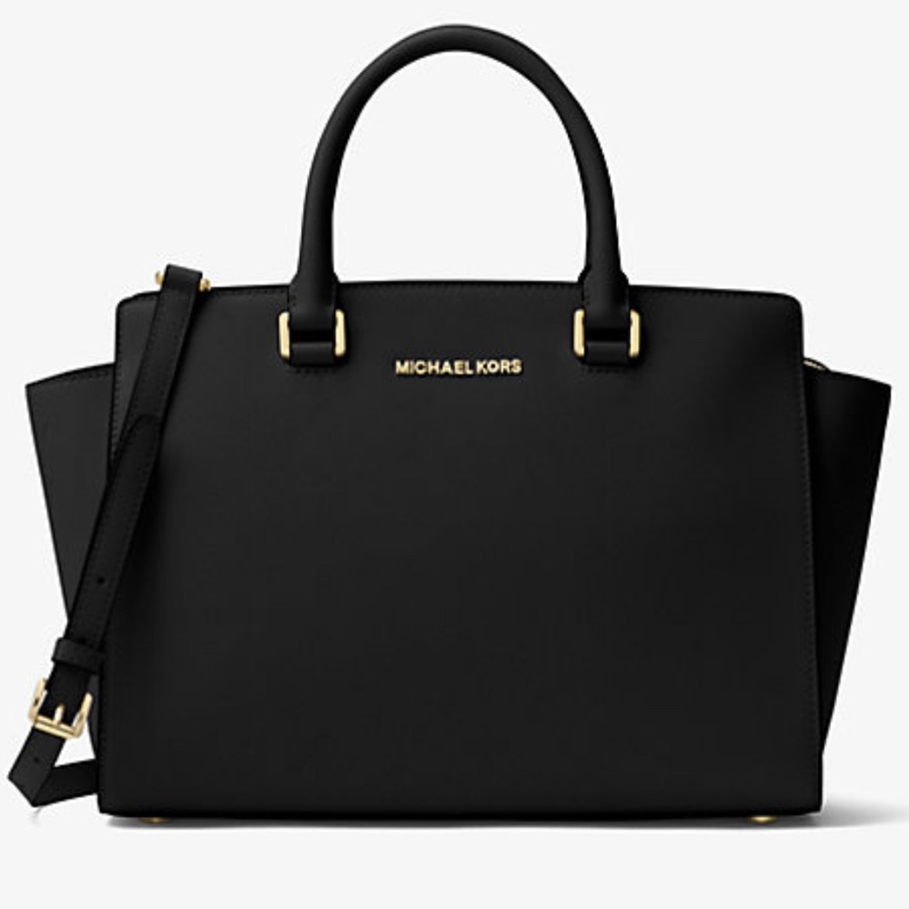 Michael Kors Selma Large Saffiano Leather Satchel Black Gold Crossbody Dust Bag